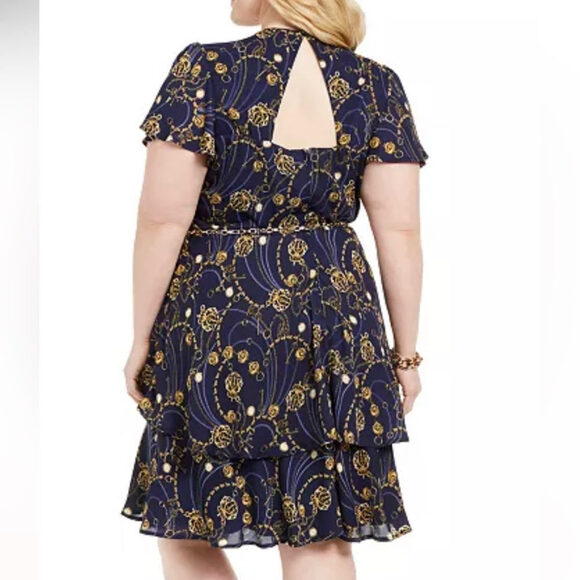 Women’s Dress Short Sleeve Belt Teeze Me Navy Gold Tiered Fit Flare - Picture 6 of 7